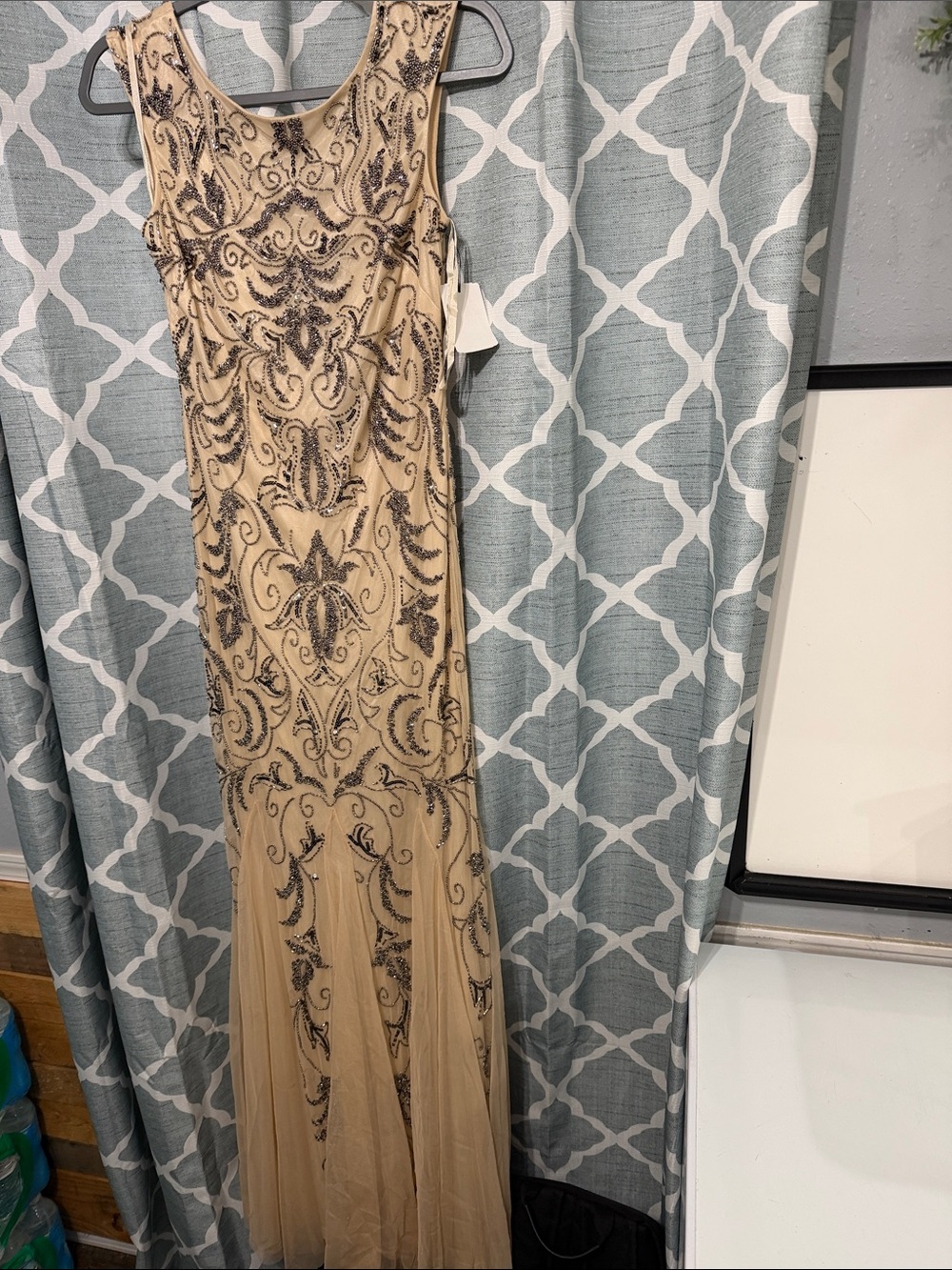 Adrianna Papell Cream Evening Gown with Black Beaded Embroidery